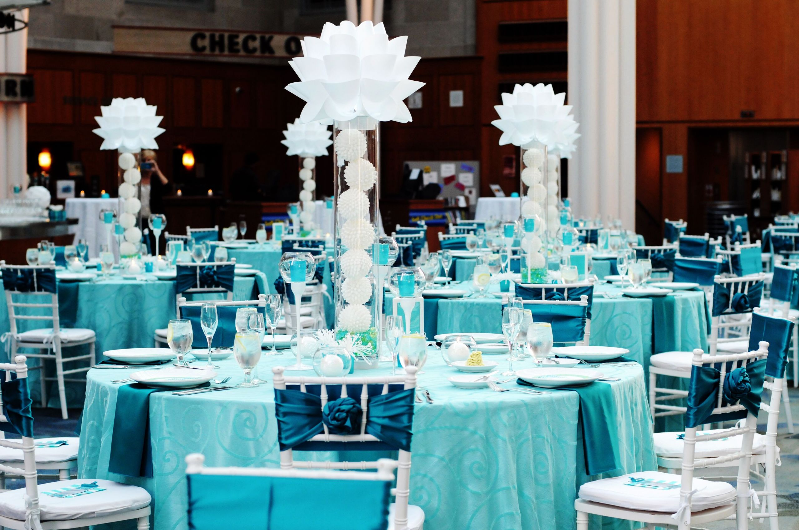 Aqua Wedding Decorations
 Bold Turquoise Reception with Modern Centerpieces