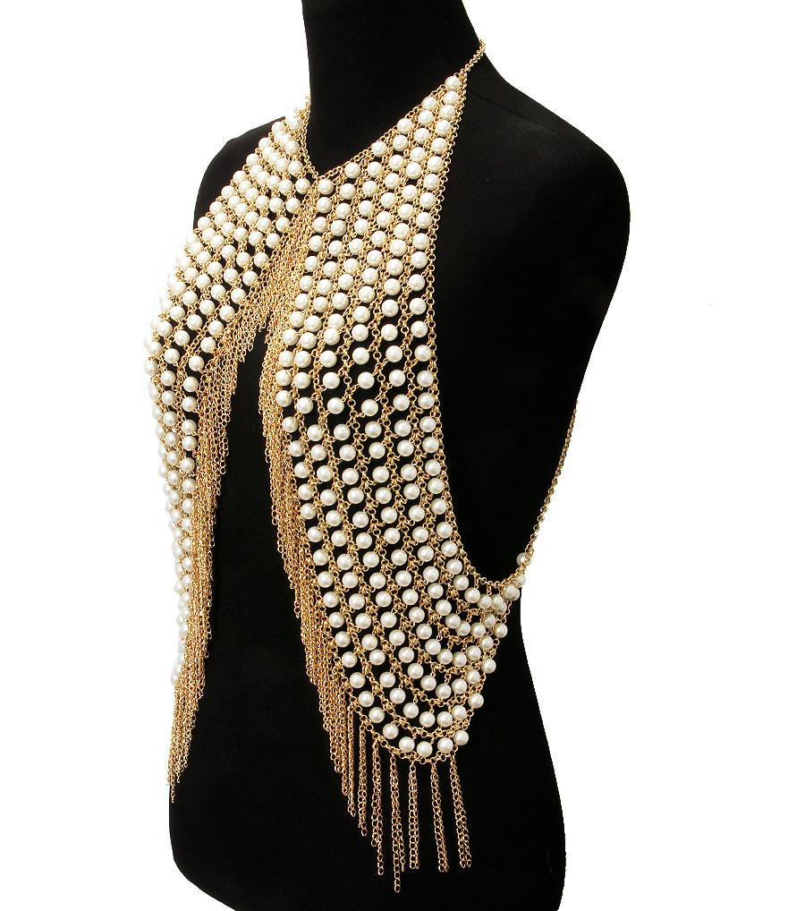 Body Jewelry Choker
 16" pearl vest body chain collar bib choker necklace