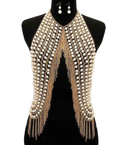 Body Jewelry Choker
 16" pearl vest body chain collar bib choker necklace