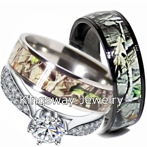 Camo Wedding Rings For Her
 Camo Wedding Ring Set for Him and Her Titanium Black IP
