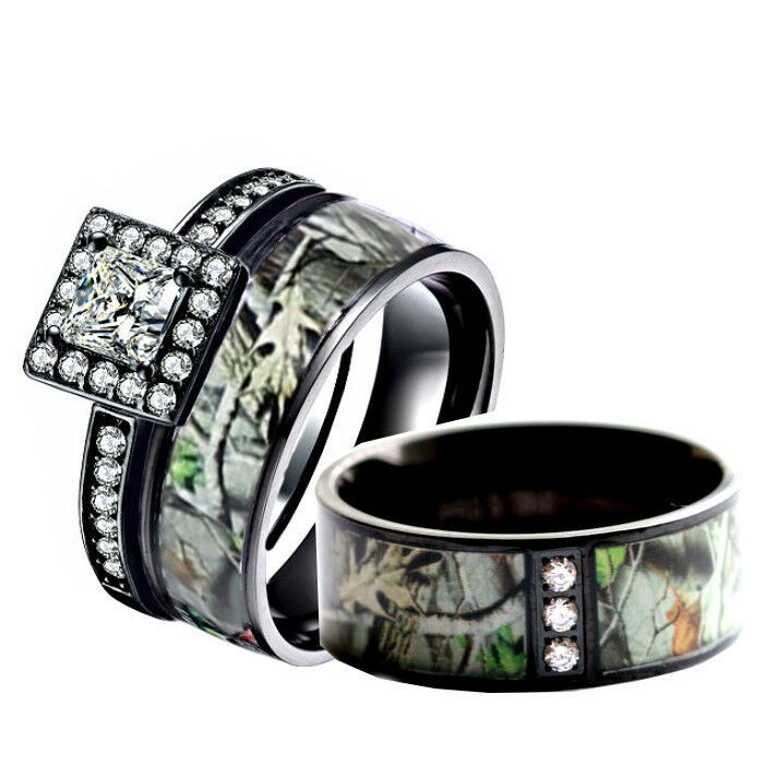 Camo Wedding Rings For Her
 His & Her Black Sterling Silver Titanium Camo Stainless