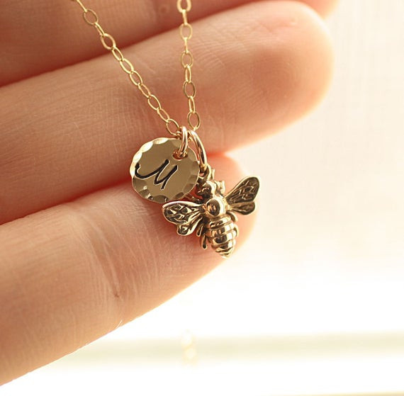 Charm Locket Necklace
 Tiny Honey Bee Necklace Gold Initial Charm Necklace