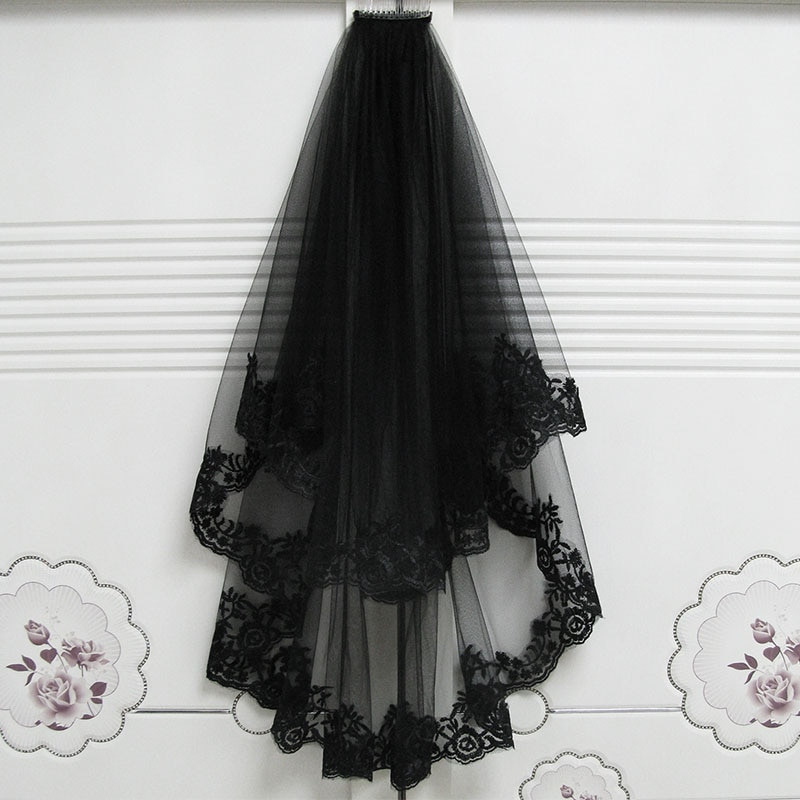 Costume Wedding Veil
 Black Cathedral Hair Veils with b Lace Edge Two Layers