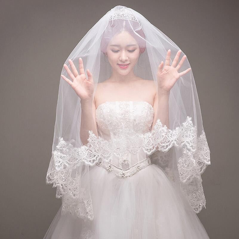 Costume Wedding Veil
 Cheap 2018 New Two Layers Sequins Lace Edge Short Wedding