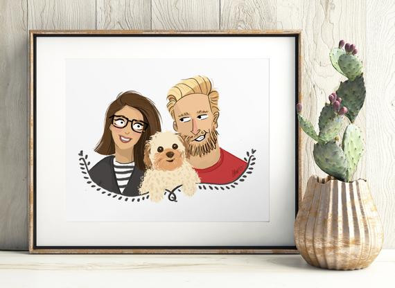 First Anniversary Gift Ideas For Couple From Parents
 An illustrated custom portrait Couple family pet portrait
