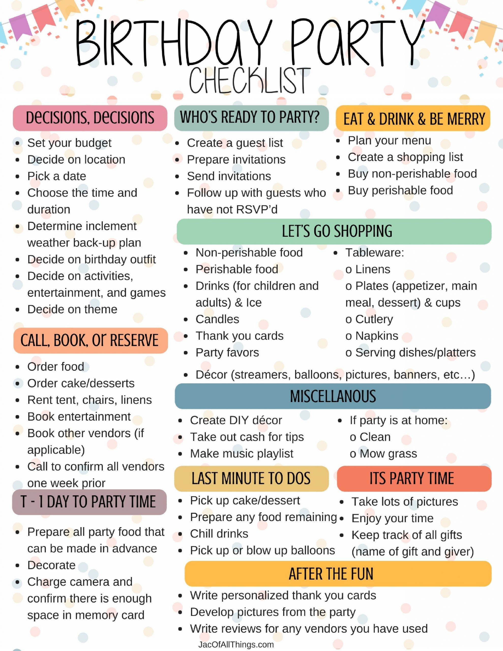 First Birthday Party Checklist
 Birthday Party Checklist