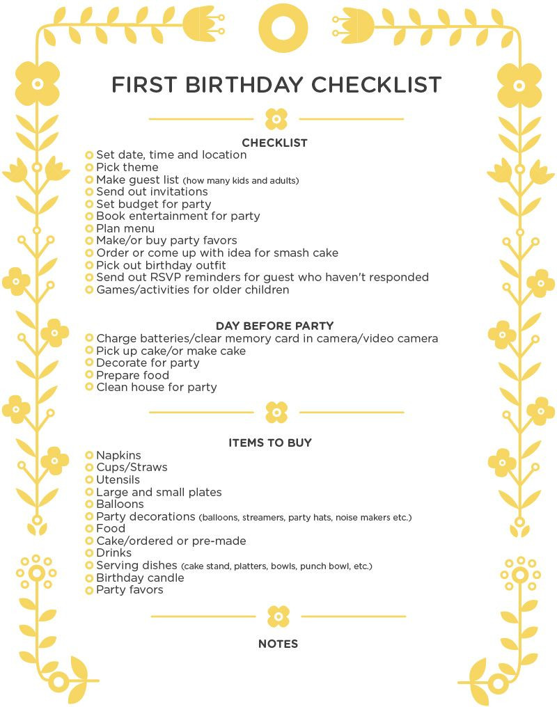 First Birthday Party Checklist
 party checklist Party 2014 Pinterest
