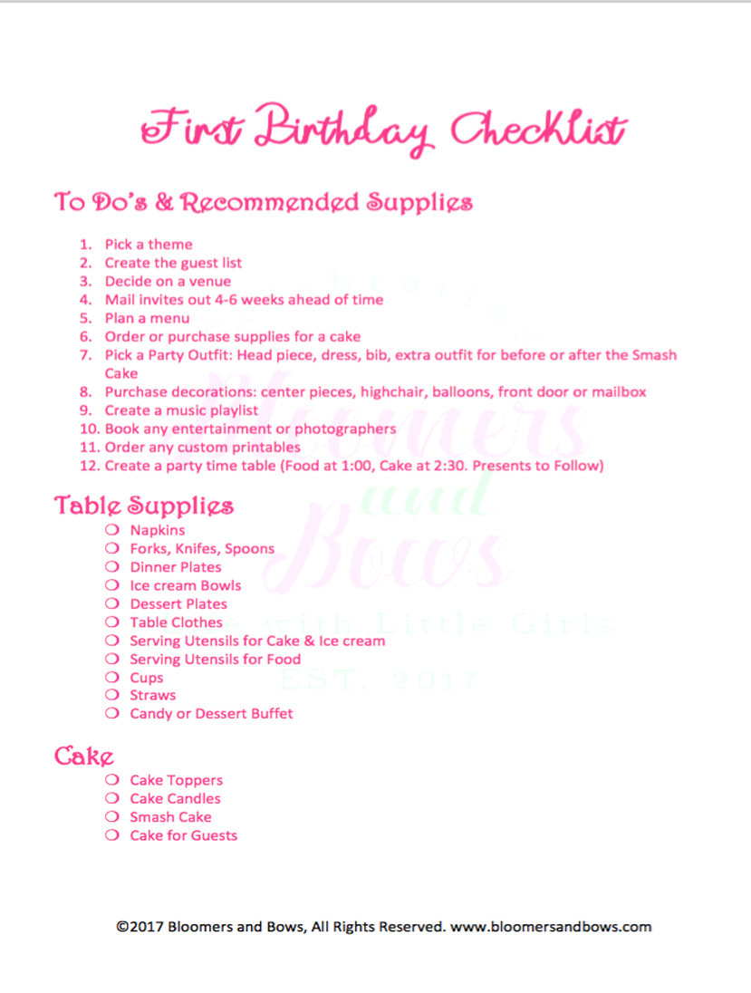First Birthday Party Checklist
 How to Plan a First Birthday Party Bloomers and Bows