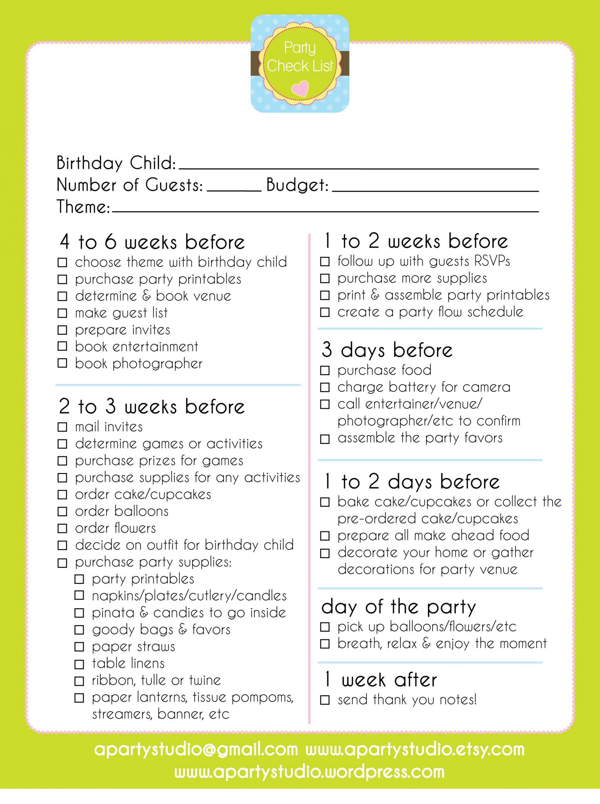 First Birthday Party Checklist
 FREE Printable Party Checklist