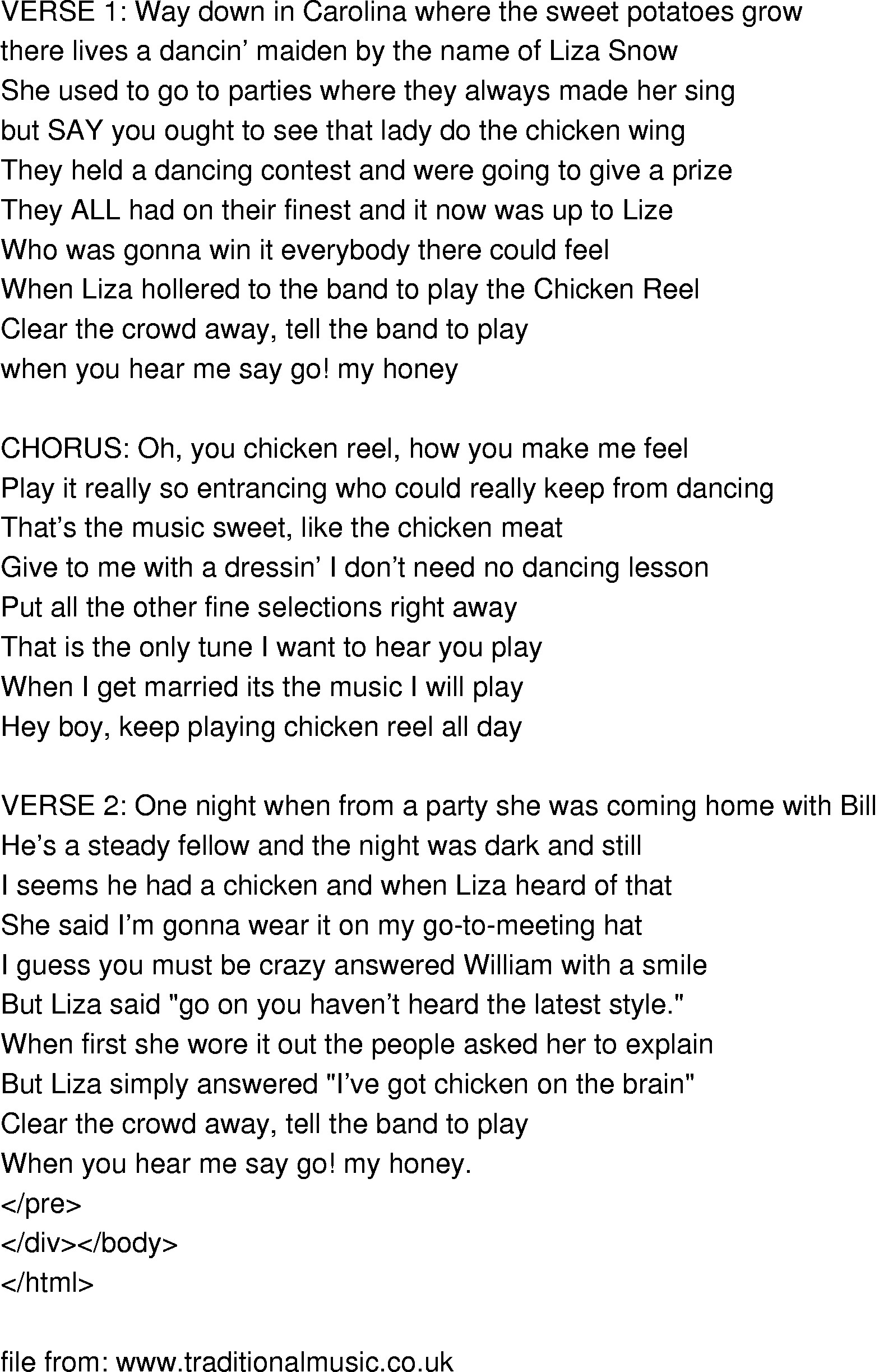 Fried Chicken Song
 Old Time Song Lyrics Chicken Reel