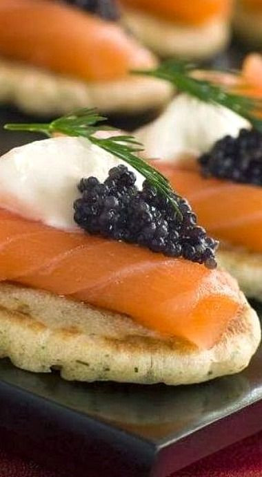 Gourmet Cold Appetizers
 Smoked Salmon Blini with Caviar Crème Fraîche & Dill