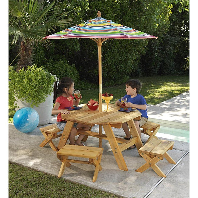 Kids Outdoor Furniture
 Octagon Table & 4 Benches with Multi striped Umbrella