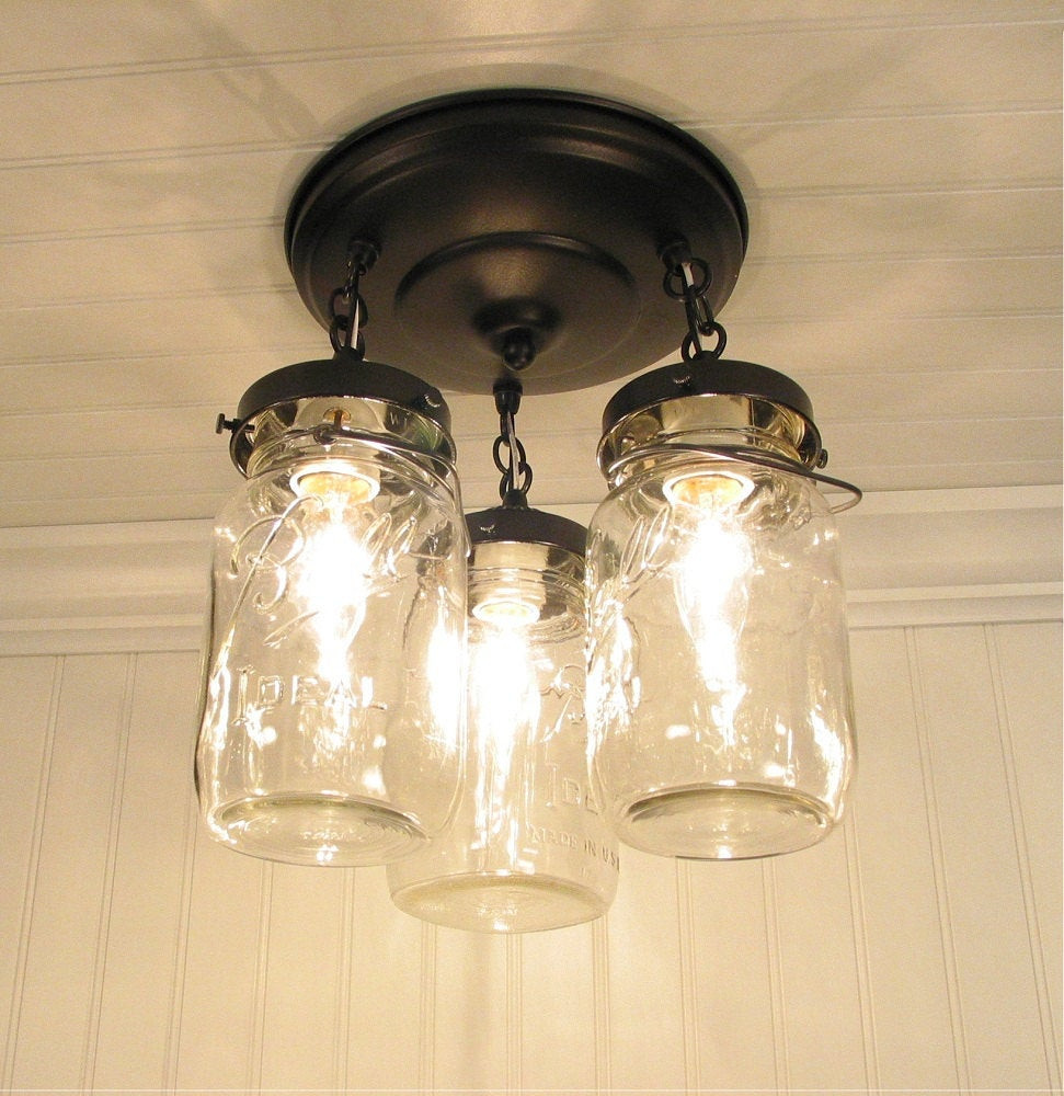 Mason Jar Kitchen Lighting
 Mason Jar LIGHT FIXTURE Trio of Vintage Quarts by LampGoods