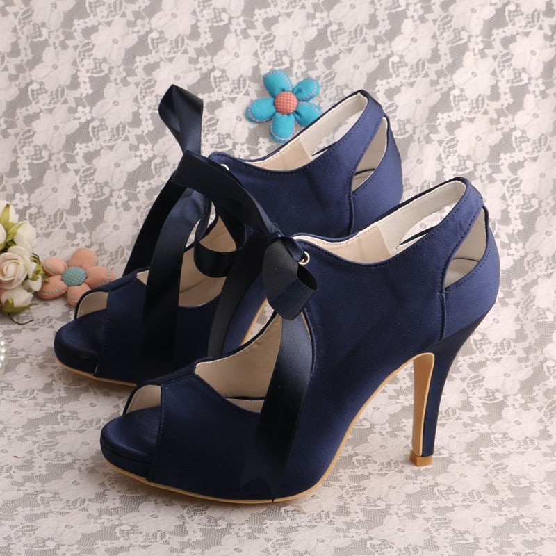 Navy Blue Shoes For Wedding
 Wedopus Navy Blue Lace up Bride Wedding Shoe Open Toe