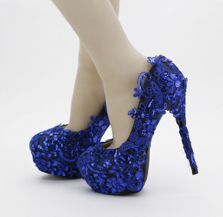 Navy Blue Shoes For Wedding
 Navy blue lace flowers bridal shoes High with thin heel