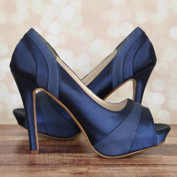 Navy Blue Shoes For Wedding
 Custom Wedding Shoes Navy Blue Platform Peep Toe Wedding