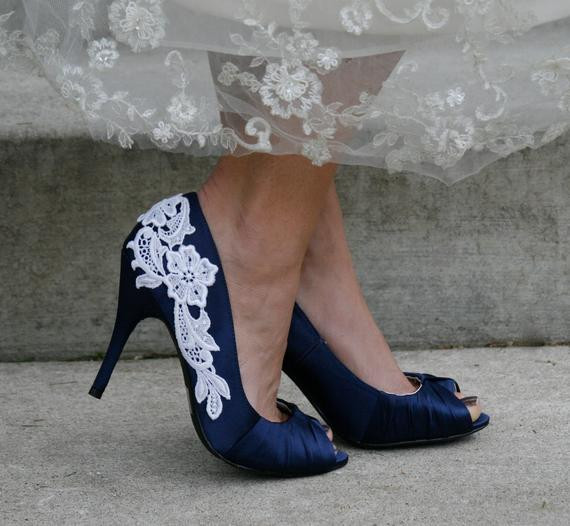 Navy Blue Shoes For Wedding
 Navy Blue Wedding Shoes With Venise Lace Applique Size 10