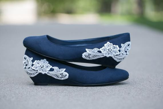 Navy Blue Shoes For Wedding
 Navy blue ballet flat low wedge wedding shoes with ivory lace