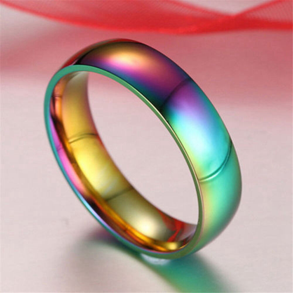 Rainbow Wedding Bands
 Men Women Rainbow Classic Colorful Ring Titanium Steel