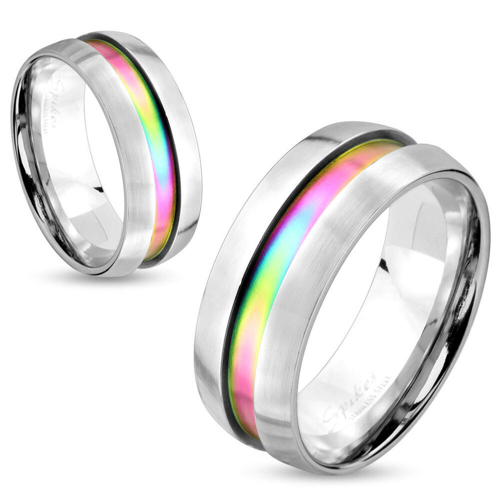 Rainbow Wedding Bands
 Mens Womens Silver w Rainbow Center Wedding Band Ring Size