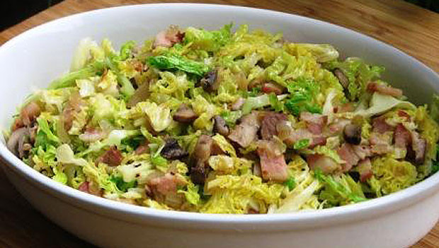 Stir Fried Cabbage
 Stir Fried Cabbage with Crispy Bacon and Mushrooms