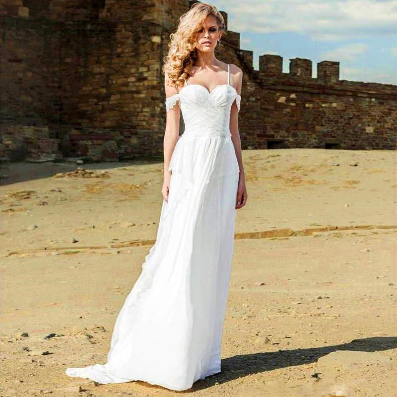 Vintage Beach Wedding
 White Spaghetti Straps Pleated Beach Wedding Dress 2017