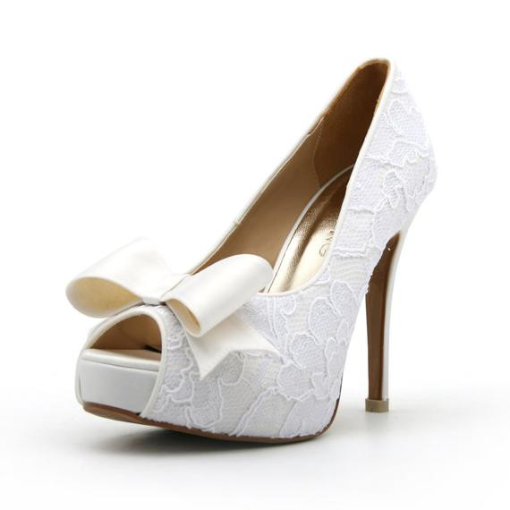 Wedding Shoes With Bow
 Lace White Wedding Shoe with Bow Peep Toe Lace White Bridal