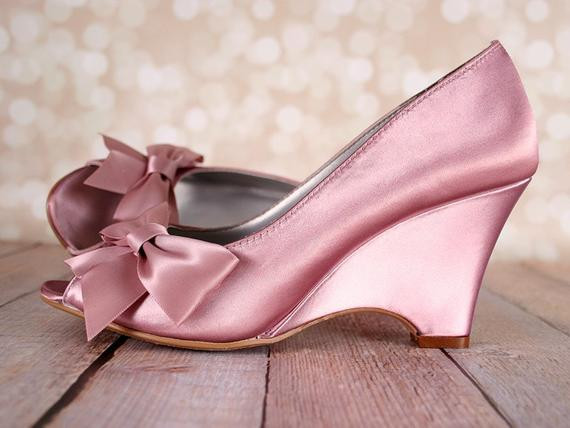 Wedding Shoes With Bow
 Antique Pink Wedding Shoes Wedge Shoes Bridal Shoes Bow