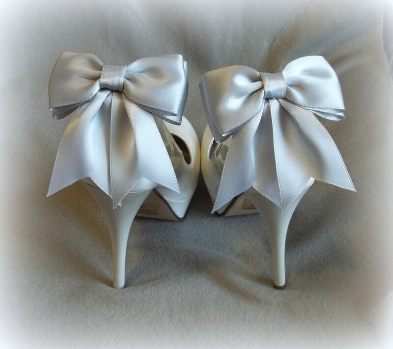 Wedding Shoes With Bow
 Shoe Clips Silver Satin Bows Wedding Accessories Bridal