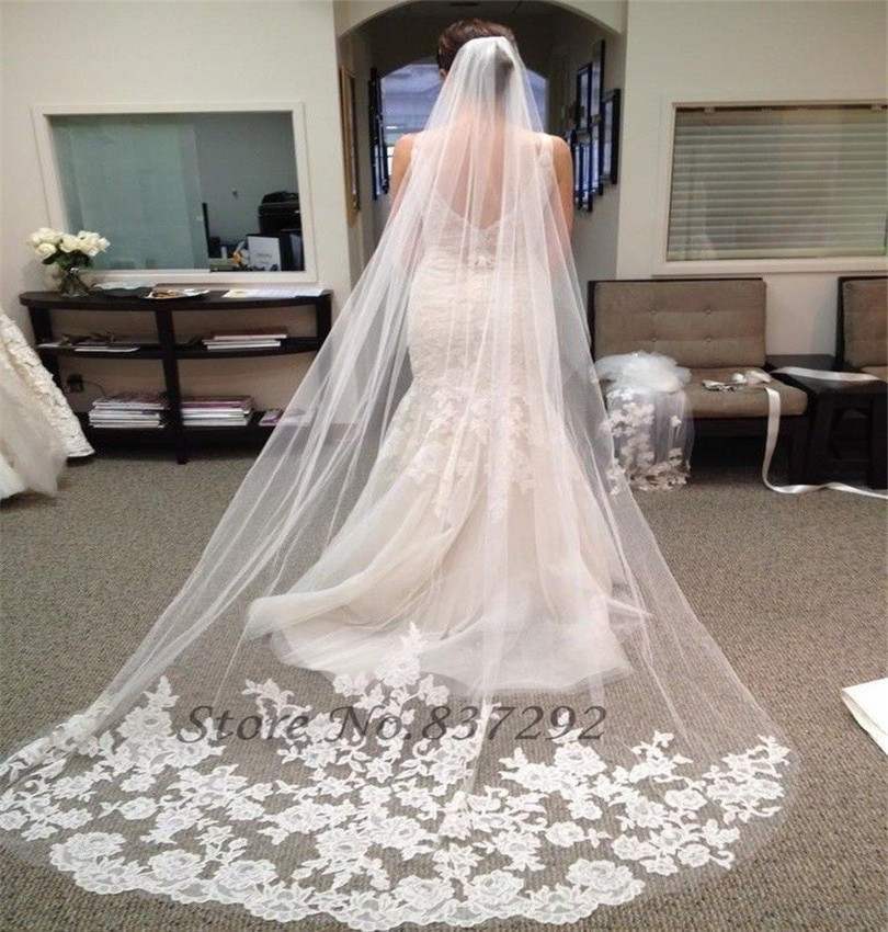 Wedding Veils With Lace
 2016 Tulle Long Cathedral Wedding Veils Lace Edge Bridal