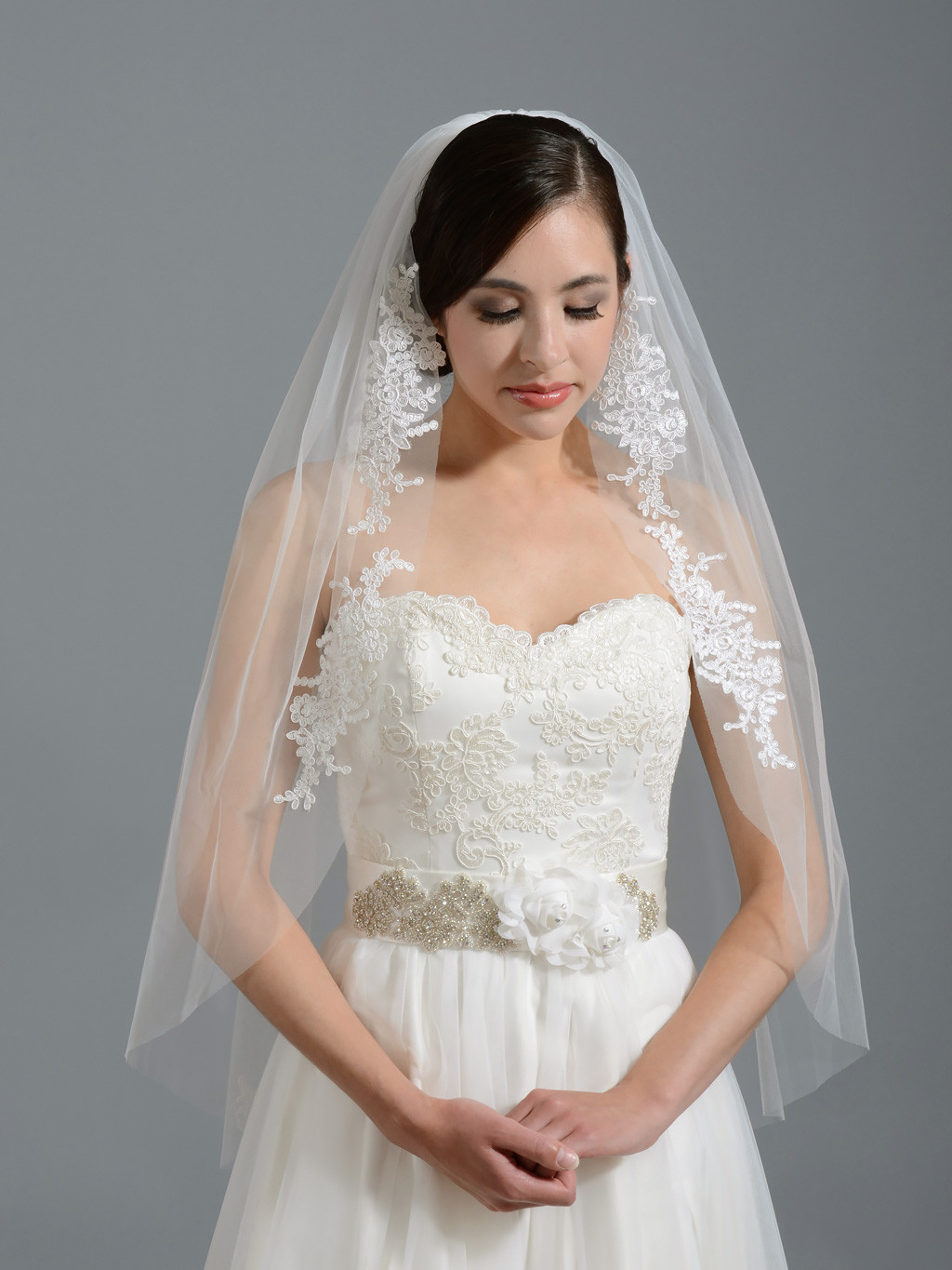 Wedding Veils With Lace
 Ivory elbow wedding veil V051 alencon lace