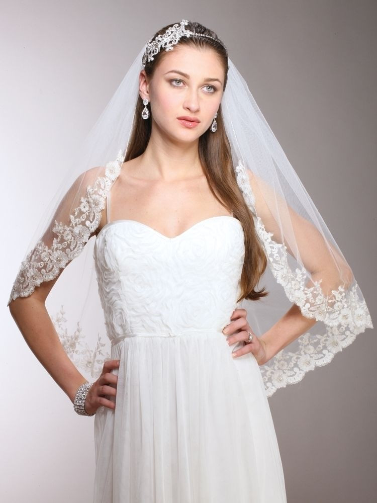 Wedding Veils With Lace
 Vintage White Ivory Crystal Edge Waist Length Mantilla