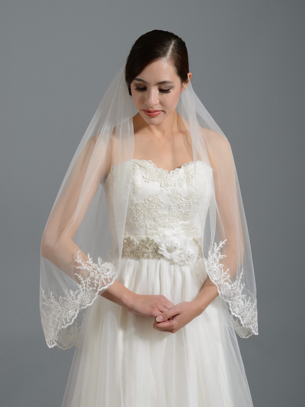 Wedding Veils With Lace
 Ivory elbow alencon lace wedding veil V037