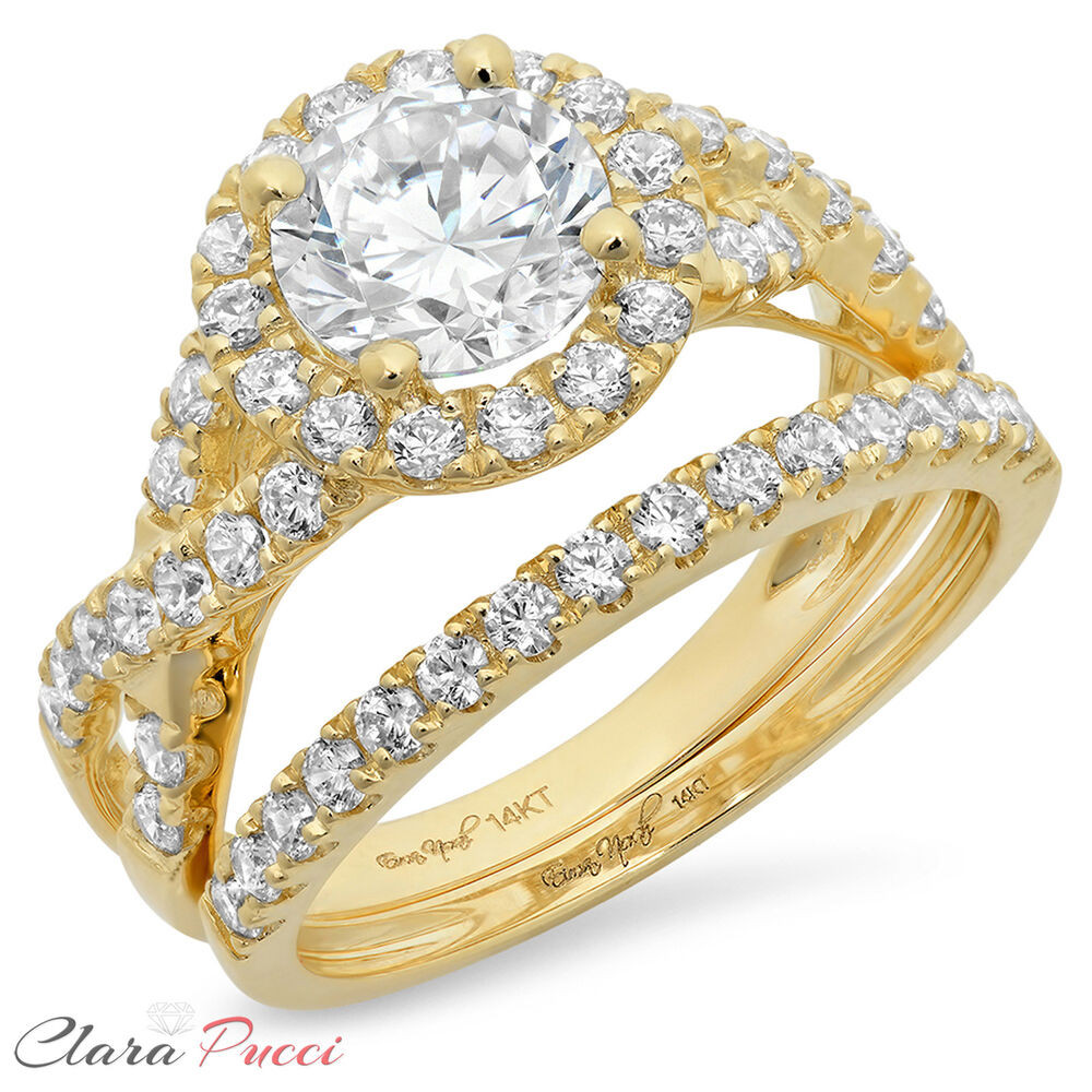 Yellow Gold Wedding Ring Sets
 2 25CT Round Engagement Ring band set Diamond Simulant 14k