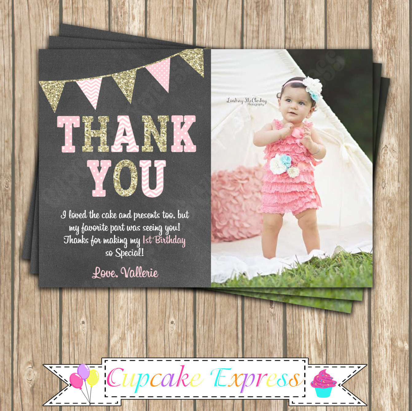 1st Birthday Thank You Cards
 e First Birthday girl coral pink gold PRINTABLE Thank