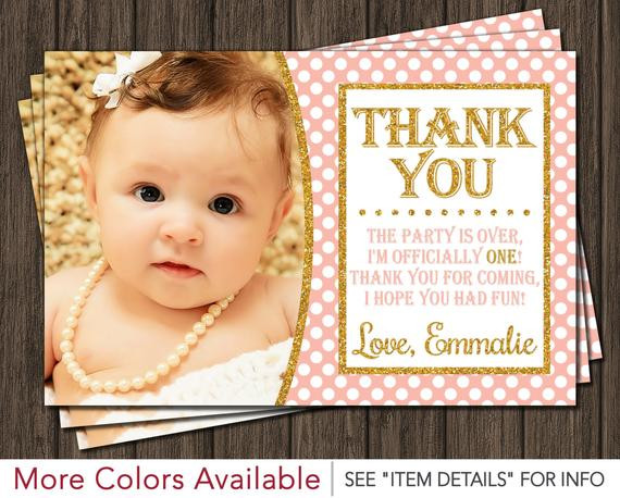 1st Birthday Thank You Cards
 First Birthday Thank You Card Peach Pink and Gold