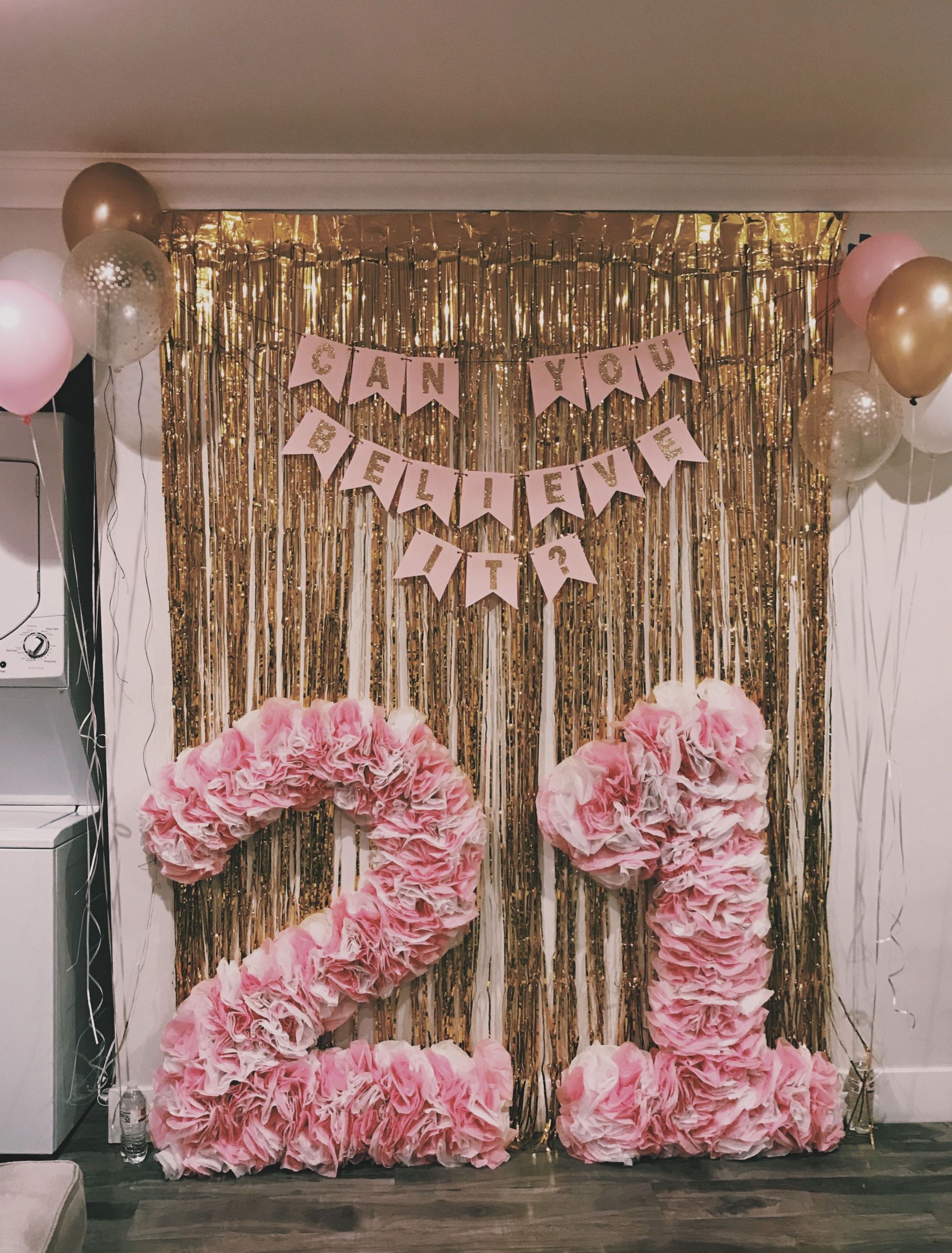 21st Birthday Decoration Ideas
 DIY tissue paper numbers White and pink tissue hot glued