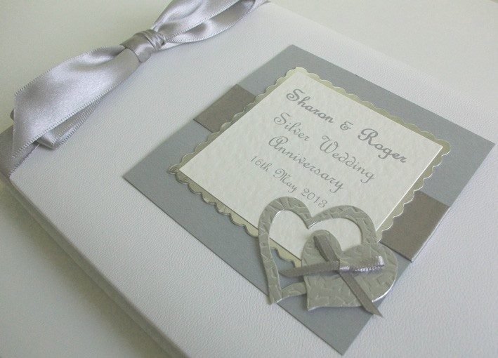 25th Wedding Anniversary Guest Book
 Two Hearts Personalised Silver Anniversary Guest Book