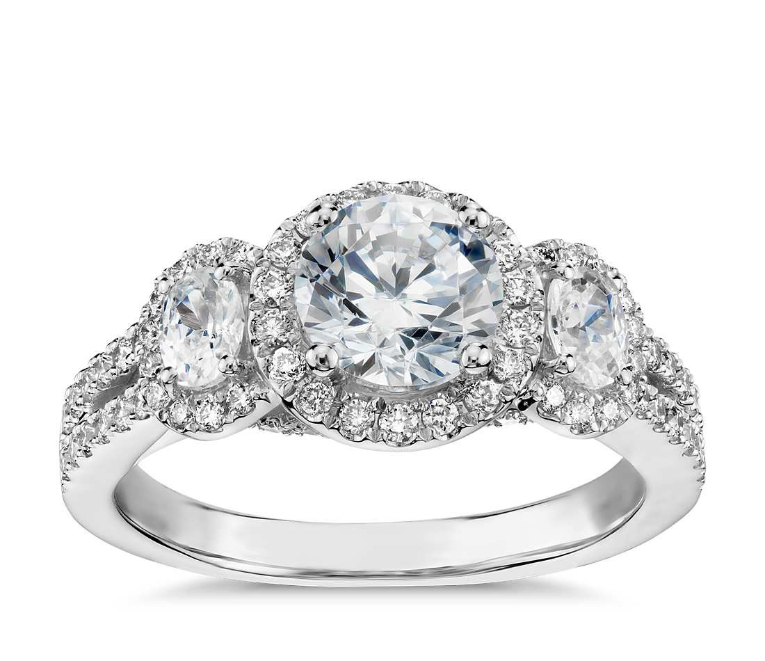 3 Stone Diamond Engagement Rings
 Monique Lhuillier Three Stone Halo Pavé Diamond Engagement