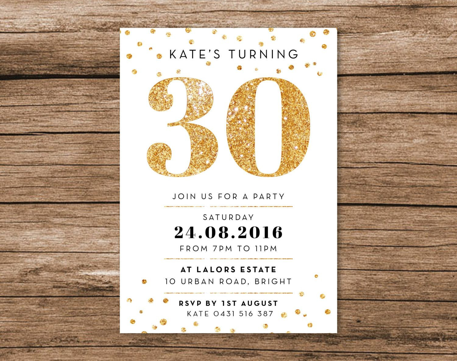 30th Birthday Invitation Wording
 Gold 30th Birthday Invitation A6 Digital File Printable