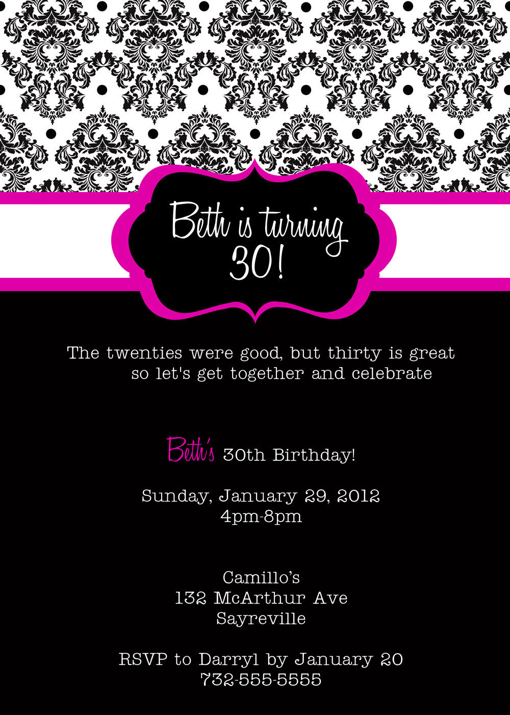30th Birthday Invitation Wording
 hot pink damask 30th birthday printable birthday invitation