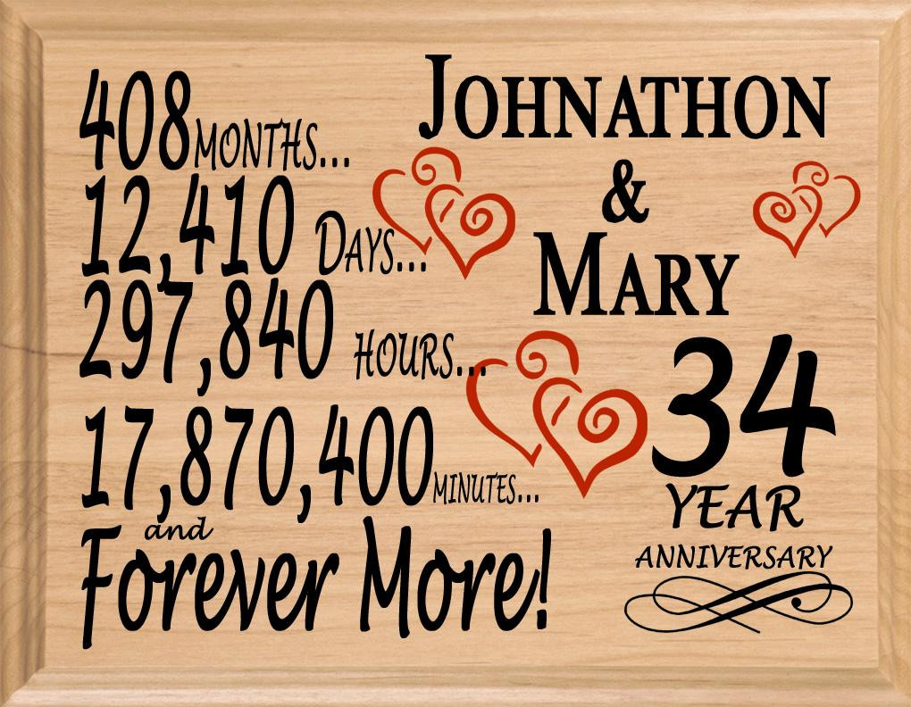 34Th Wedding Anniversary Gift Ideas
 34 Year Anniversary Gift Sign Personalized 34th Wedding