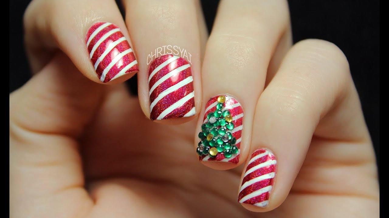 3d Christmas Nail Art
 Candy Cane Stripes & 3D Christmas Tree Nail Art