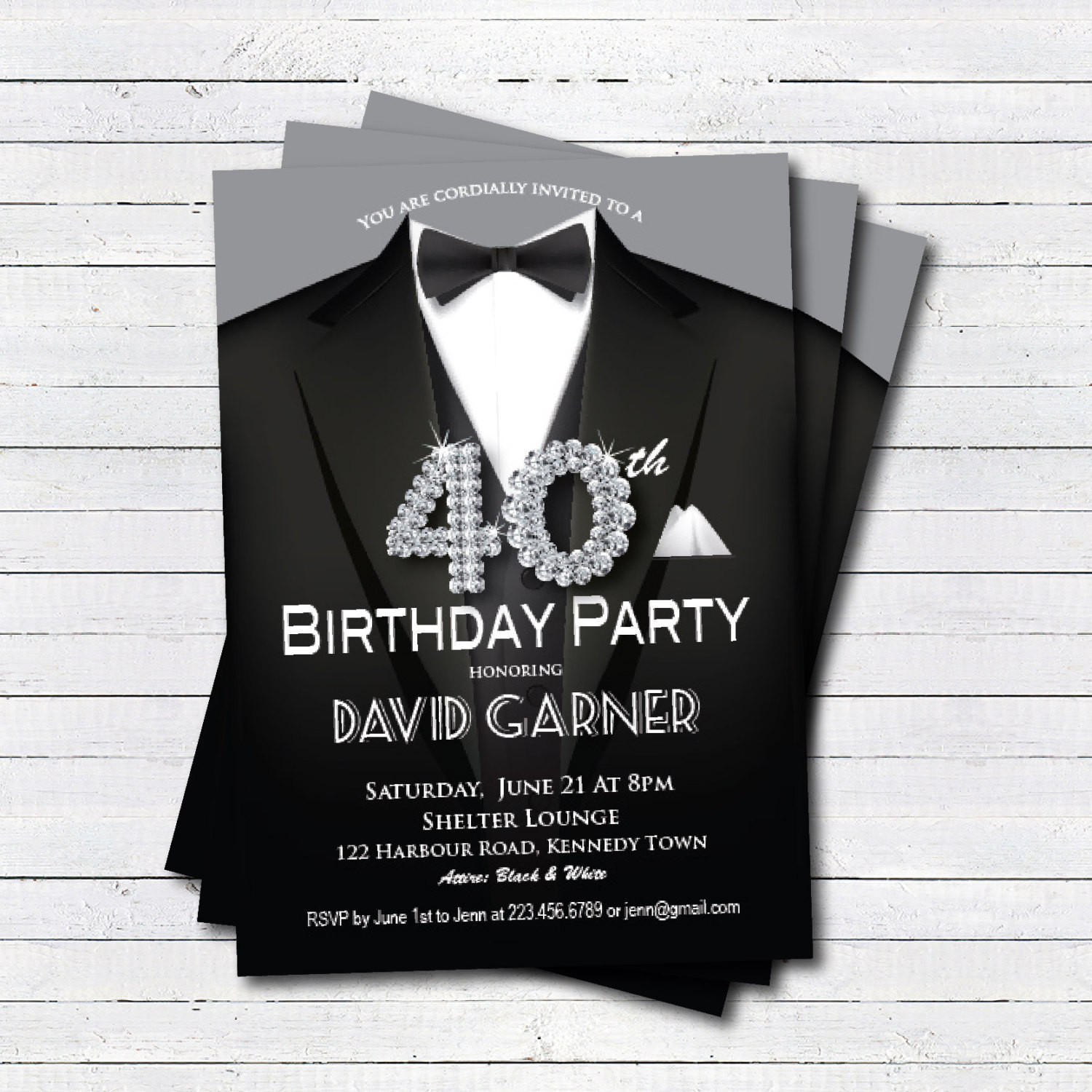 40th Birthday Invitations For Men
 40th birthday invitation man Black tie and suit diamond