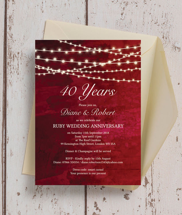 40th Wedding Anniversary Invitations
 Personalised Red Fairy Lights 40th Ruby Wedding