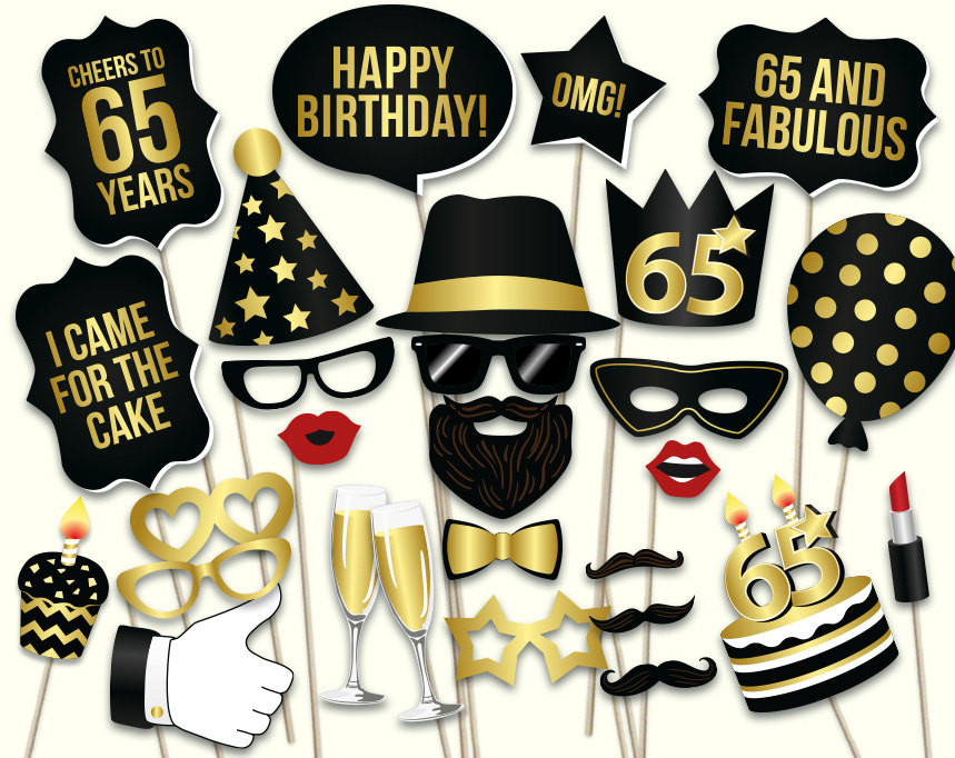 65th Birthday Party Decorations
 65th birthday photo booth props printable PDF Black and gold