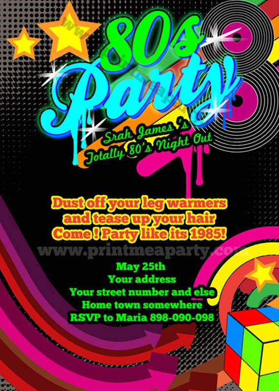 80s Birthday Party Invitations
 Totally 80 s Bling and Neon Birthday party by printmeaparty
