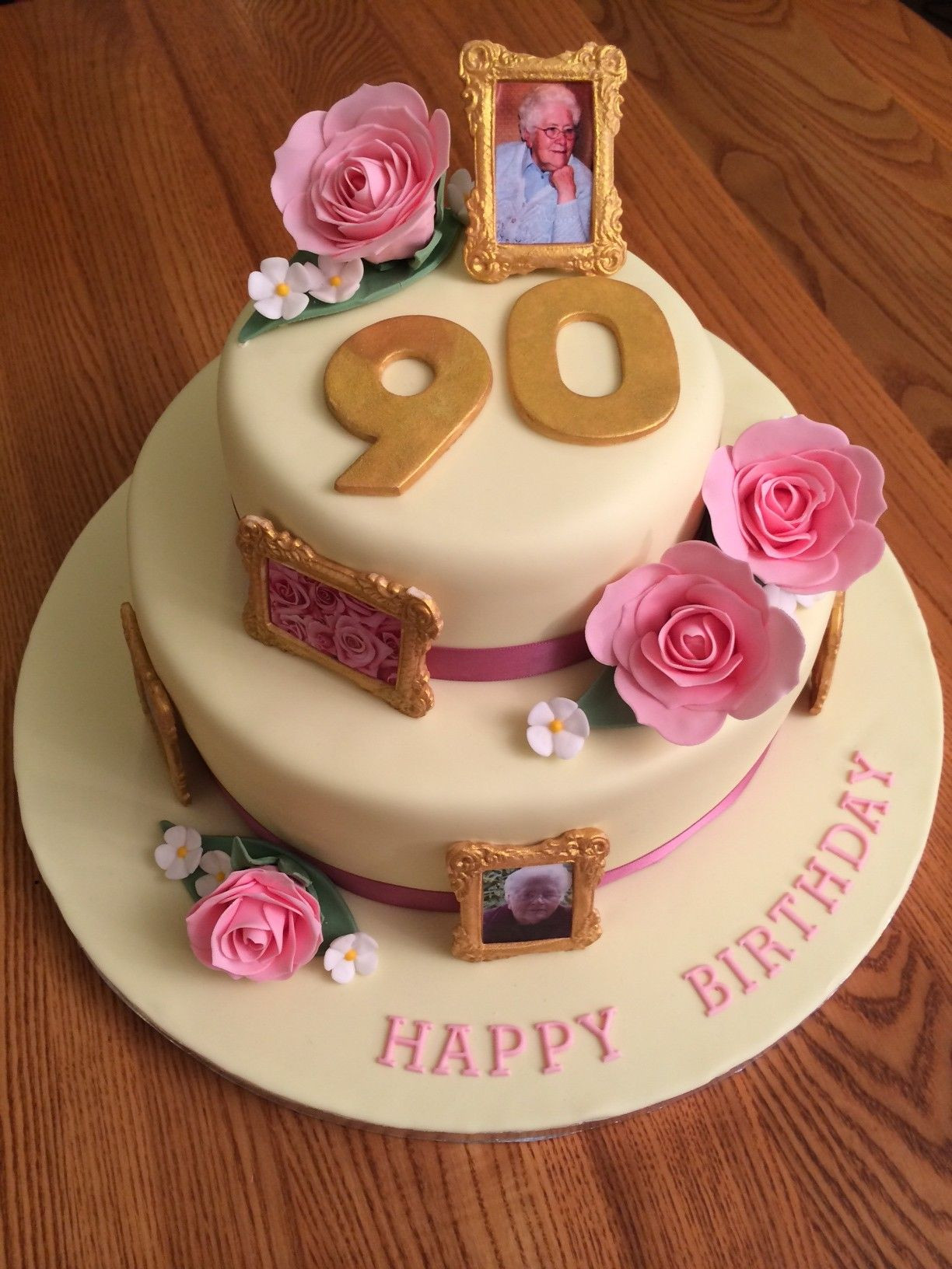 90th Birthday Cake
 90th Birthday Cake with Gold Frames and Pink Roses
