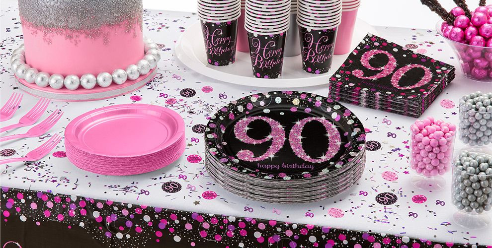90th Birthday Decorations
 Pink Sparkling Celebration 90th Birthday Party Supplies