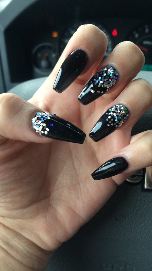 Acrylic Nail Designs Coffin
 Coffin nails Black with Glitter nails coffin